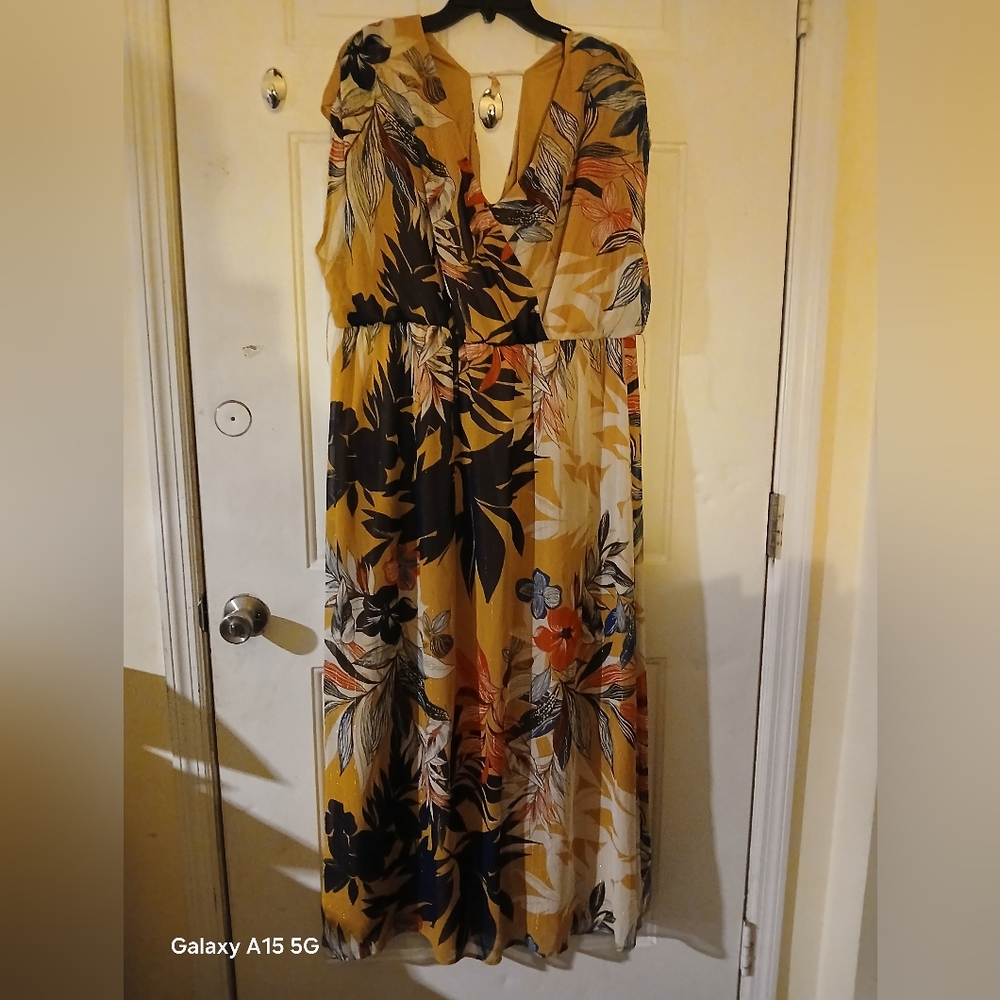 Luxology Mustard Yellow Floral Midi A Line 18W Dress (012626B)